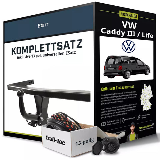 VW Caddy III / Life Type 2KB, 2KA rigid tow bar + 13-pin electrical kit (2004–2015)