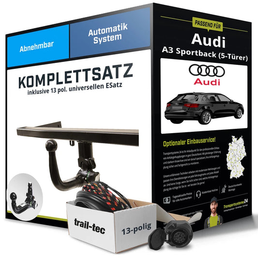 Audi A3 Sportback Type 8P complete tow bar kit – detachable including 13-pin + electrical kit (09/2004–06/2008)