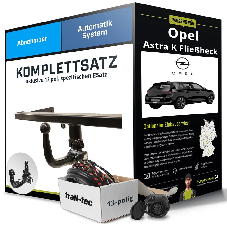 Opel Astra K Fließheck B16 Komplettsatz Anhängerkupplung – abnehmbar inkl. 13-pol+eSatz (06/2015–12/2022)