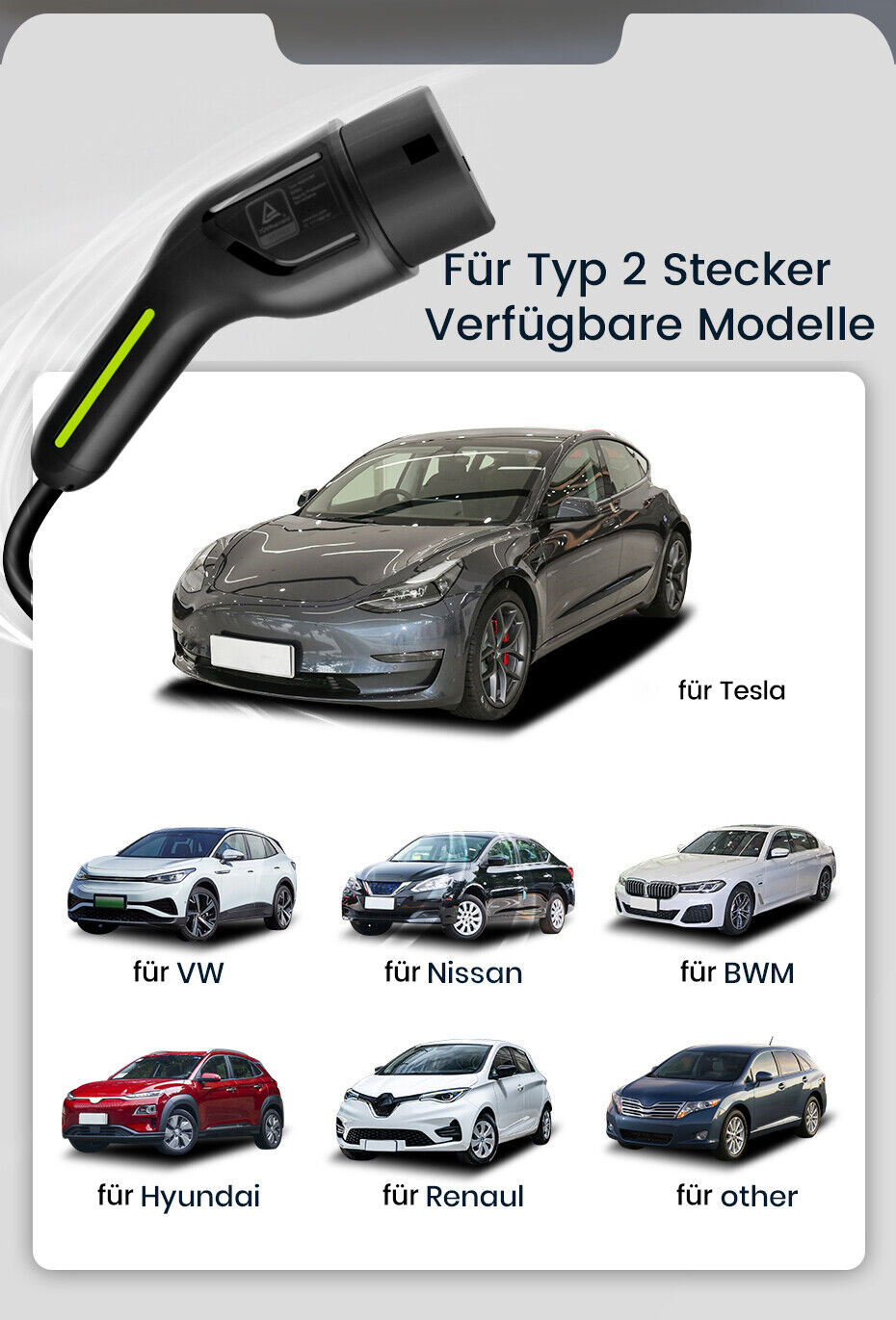 EV Charger Type 2 – 11kW Charging Cable 10A/16A, 3-Phase, Wallbox, 4m