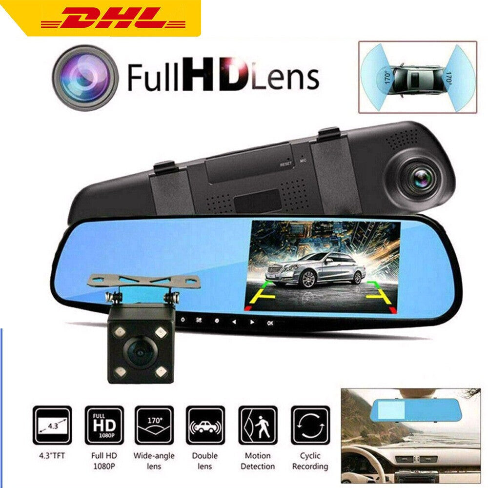 4.3" FHD 1080P Spiegel Dashcam mit Dual Lens & Rückfahrkamera – Auto DVR Recorder