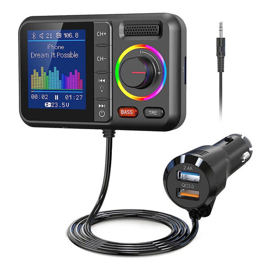 Bluetooth 5.0 Car FM Transmitter – with QC3.0 USB, LED & Hands-Free System