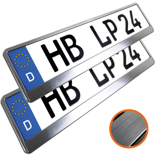 2x License plate holder brushed chrome – aluminum look reinforced license plate holder