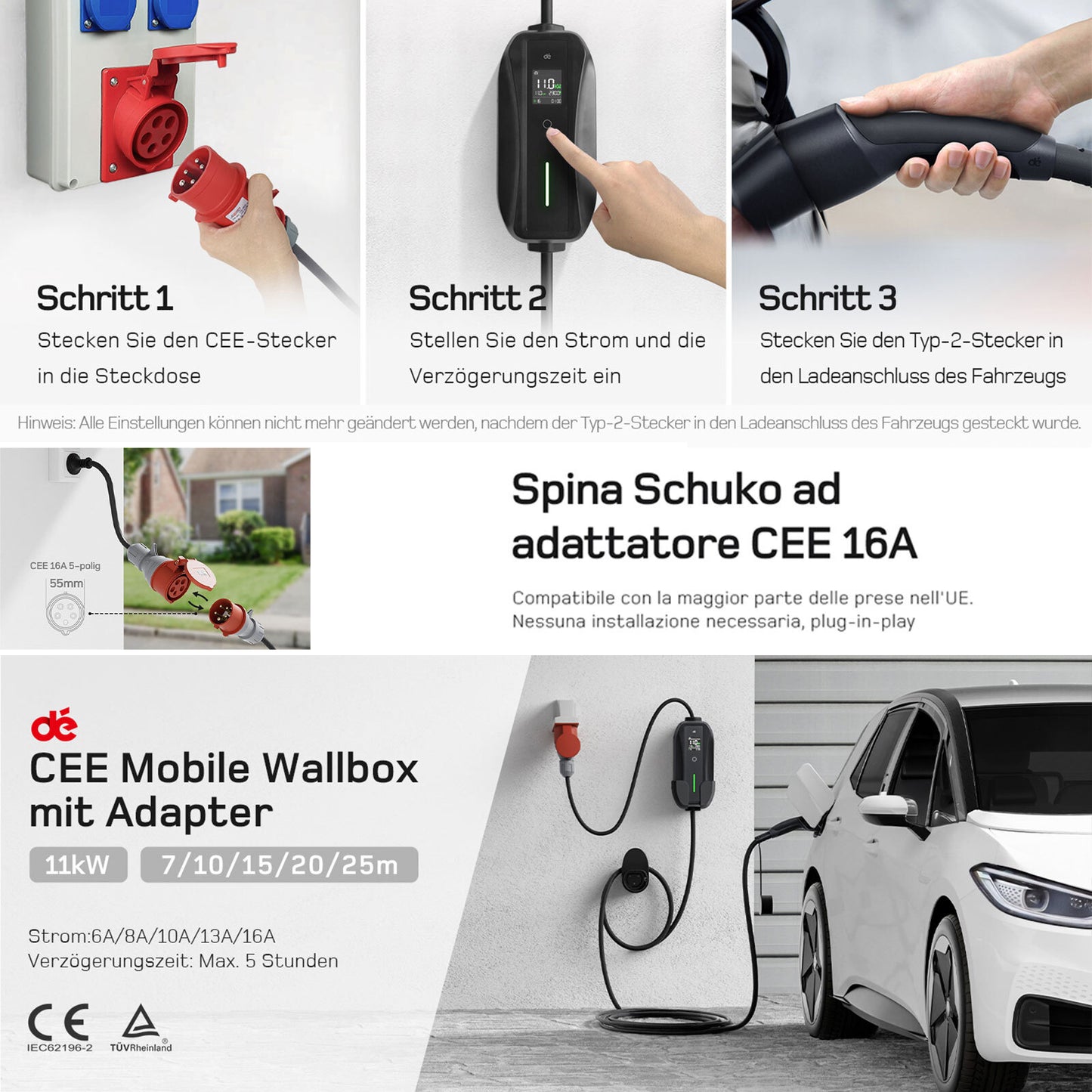 EV charger & charging cable 7m – 11/22kW, 16/32A, CEE, Type 2 Mobile Wallbox