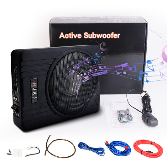 10" Underseat Active Subwoofer + Cable Set – 600W Max / 125W RMS Car Bass Box