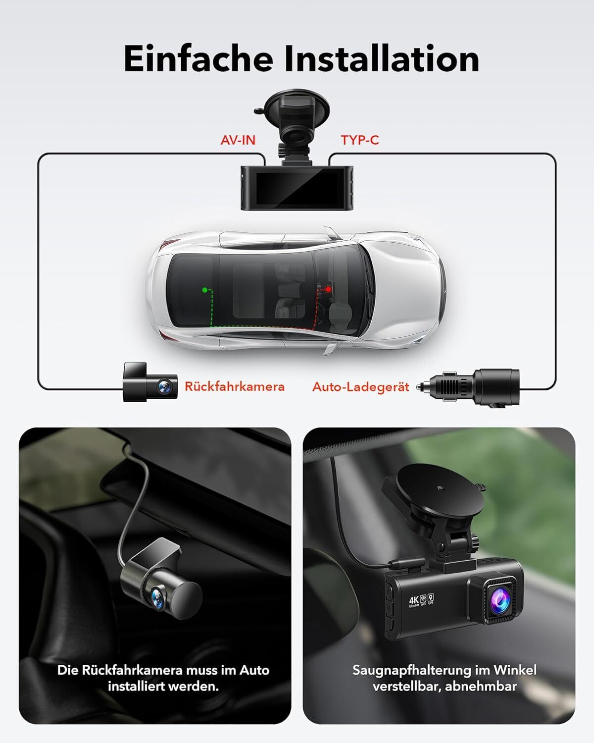 REDTIGER 4K Dashcam Dual – mit GPS, WLAN, App & 32GB SD-Karte