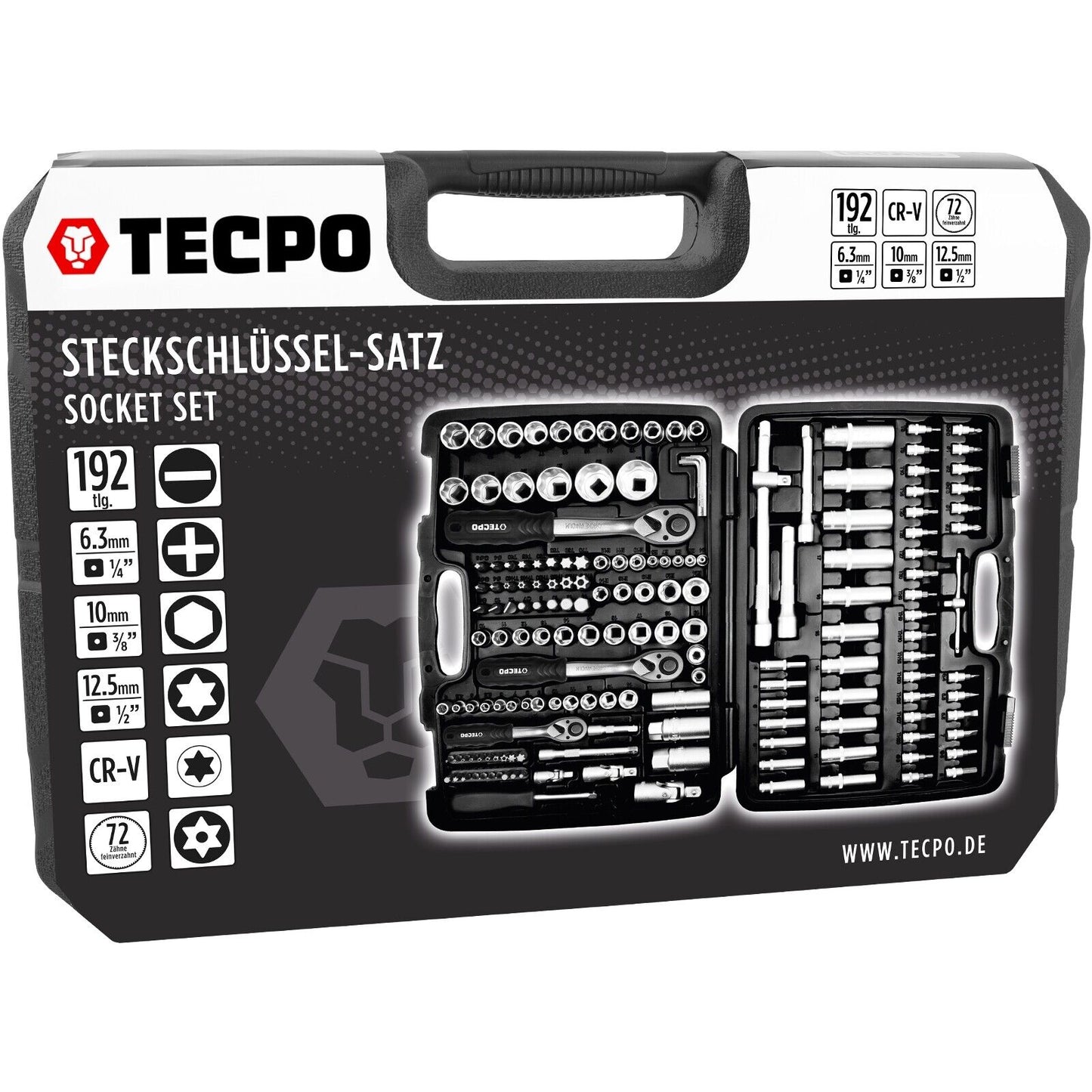 TECPO Steckschlüssel Satz 192-tlg – 1/4", 3/8", 1/2" Ratschenset mit Knarren & Nüssen