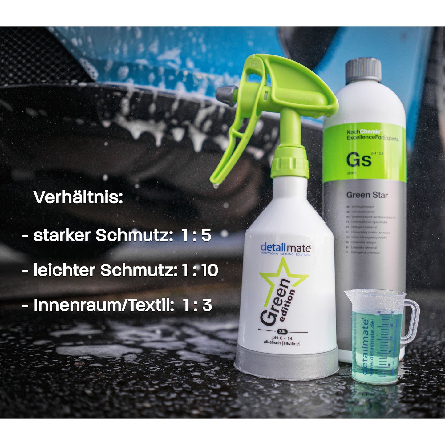 Innenraum Reinigungsset – Koch Chemie Pol Star 1L, KWAZAR Sprühflasche, Gummibürste & Mikrofasertuch