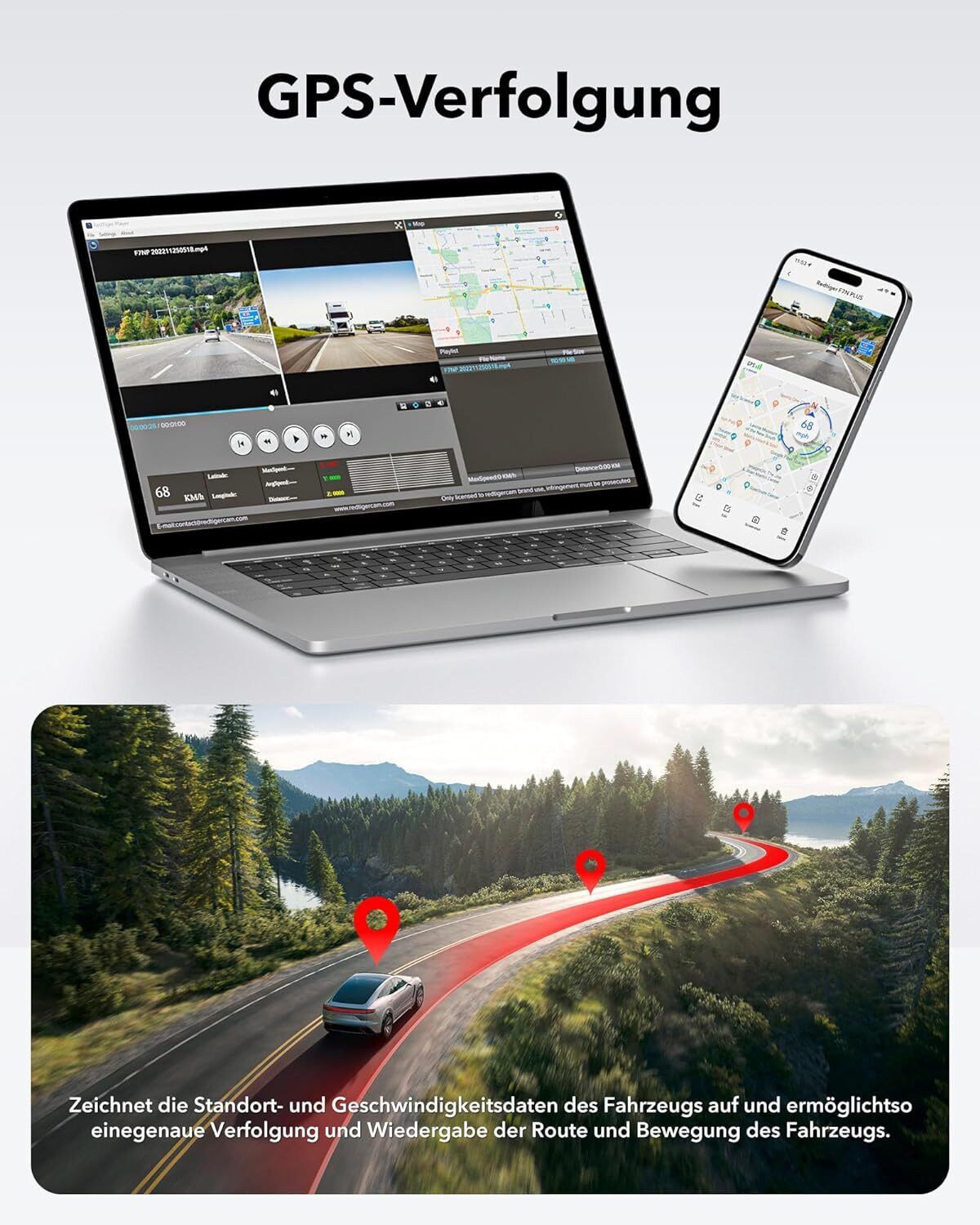 REDTIGER 4K Dashcam Dual – mit GPS, WLAN, App & 32GB SD-Karte