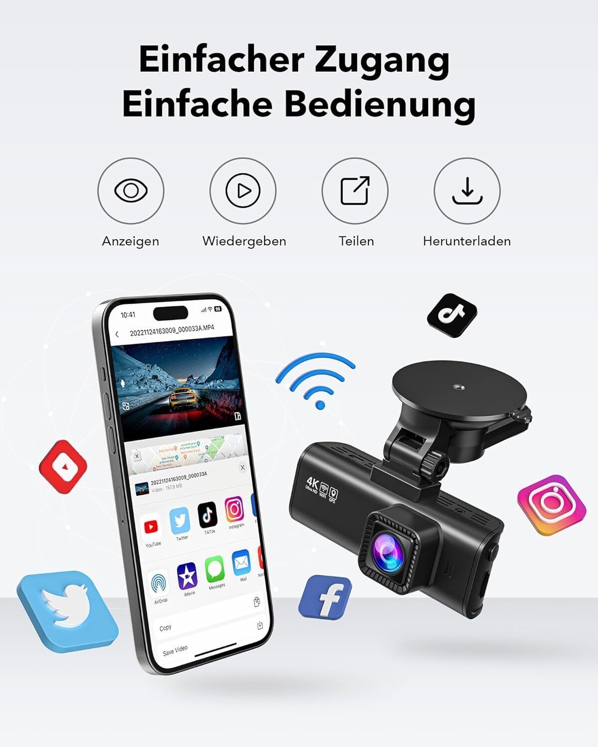 REDTIGER 4K Dashcam Dual – mit GPS, WLAN, App & 32GB SD-Karte