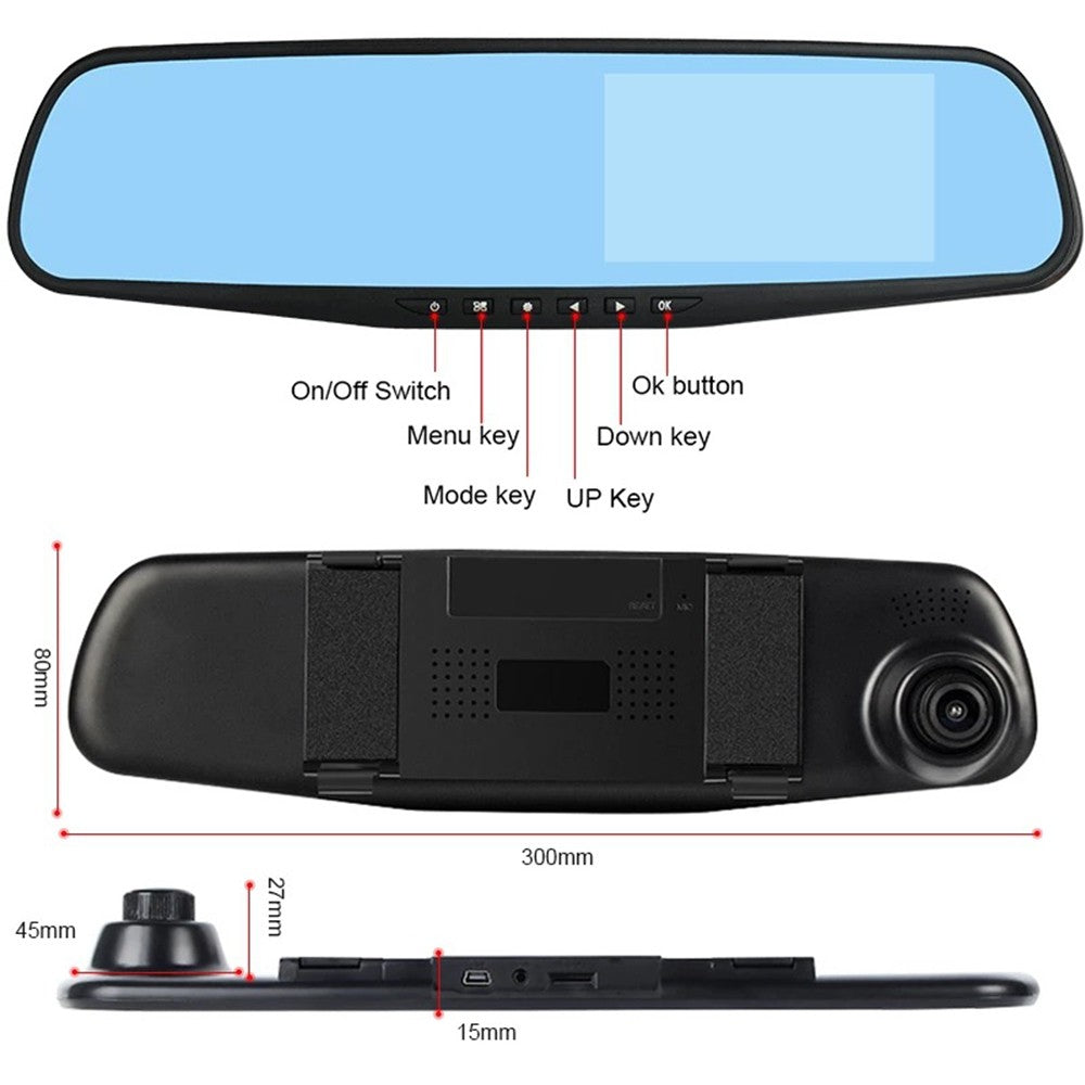 4.3" FHD 1080P Spiegel Dashcam mit Dual Lens & Rückfahrkamera – Auto DVR Recorder