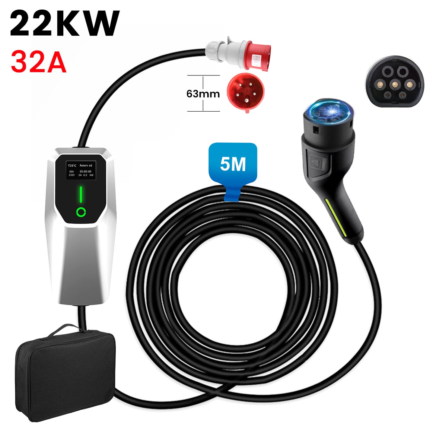 11/22kW 16/32A Type 2 Mobile Wallbox – EV charger &amp; charging cable, heavy current CEE