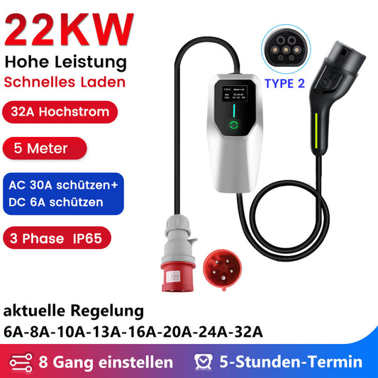 Typ 2 32A Ladekabel für Elektroautos – 22kW, 3-Phasen, 5m, LCD Display, EV/PHEV