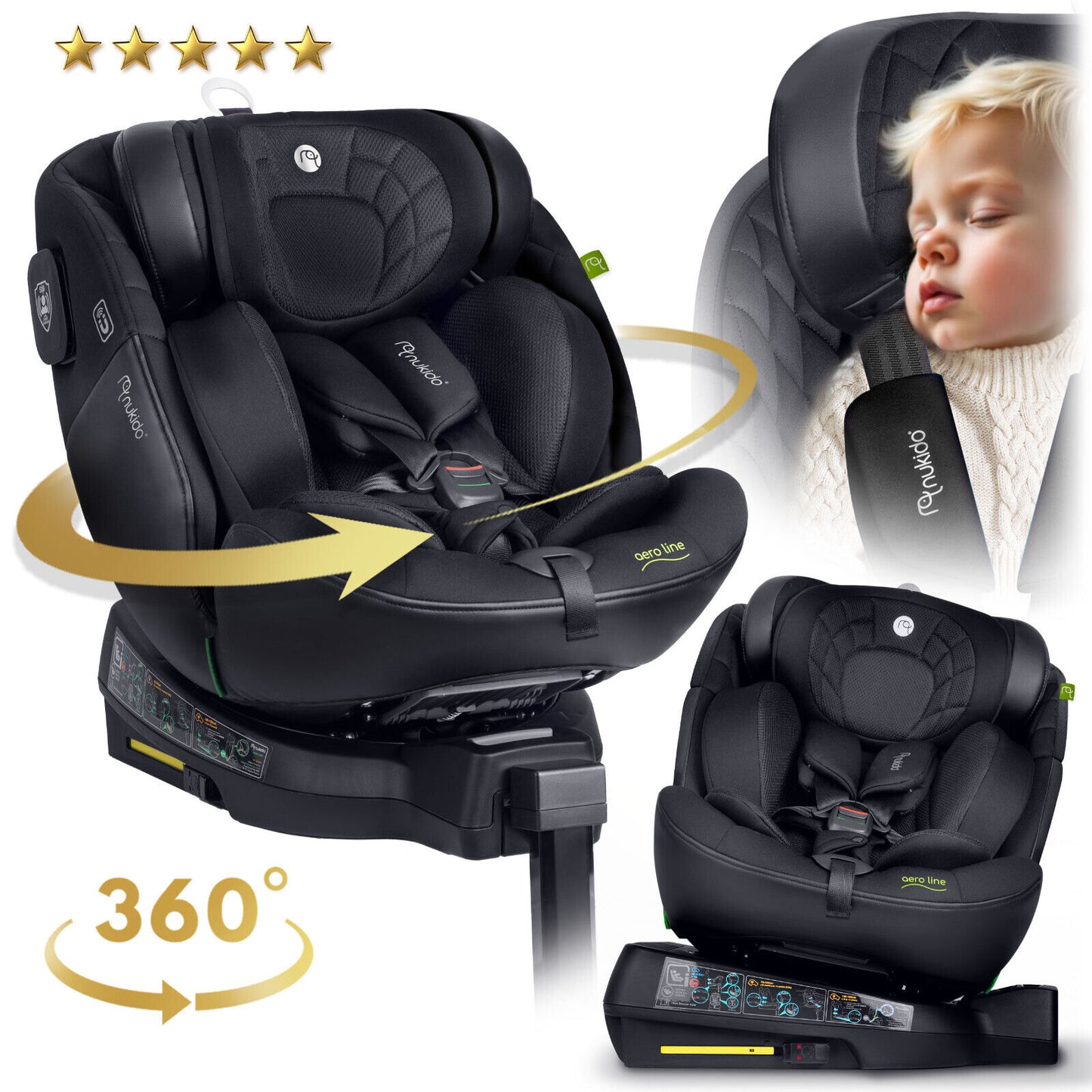 NUKIDO 360° rotating car seat with ISOFIX &amp; footrest – Group 0–II