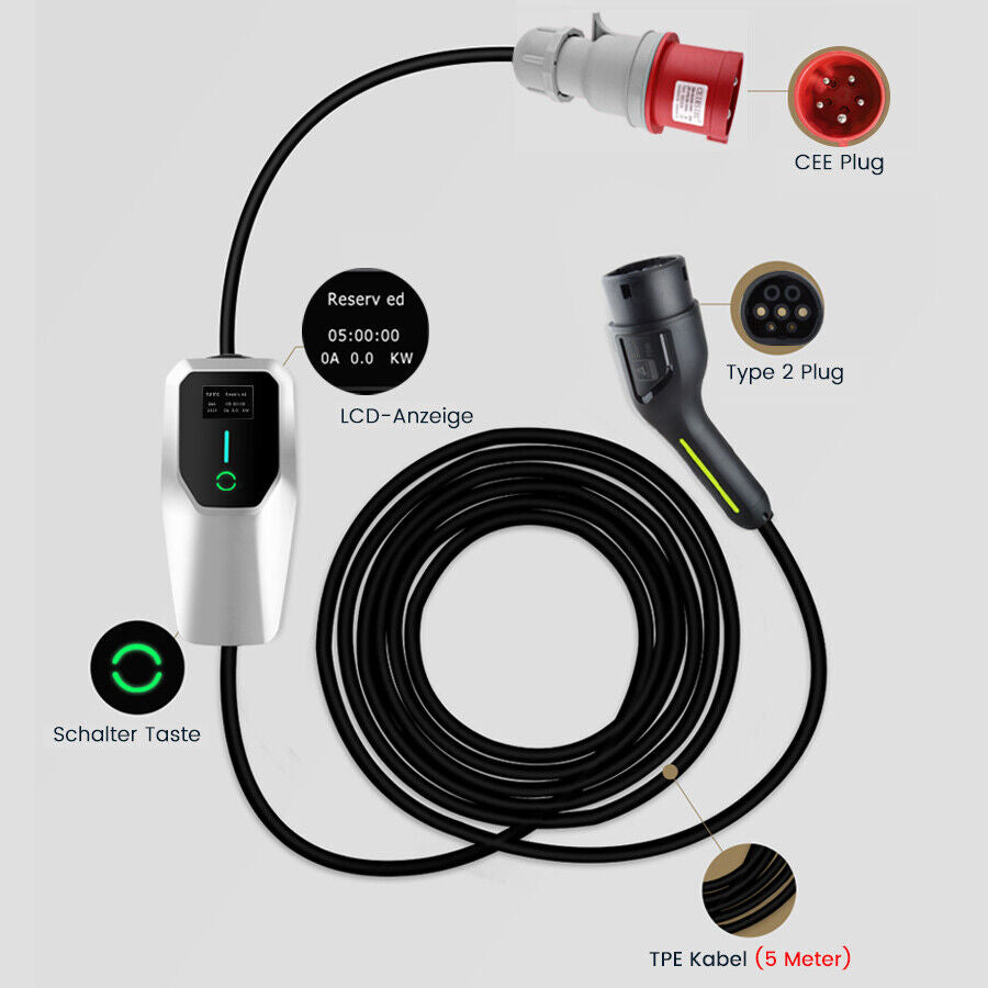 EV Charger Type 2 – 11kW Charging Cable 10A/16A, 3-Phase, Wallbox, 4m