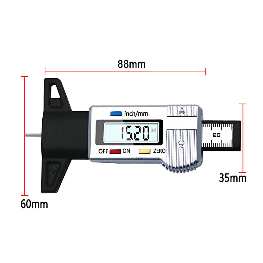 LCD Digital Auto Reifenprofilmesser Profiltiefenmesser Messschieber Silber 25,4