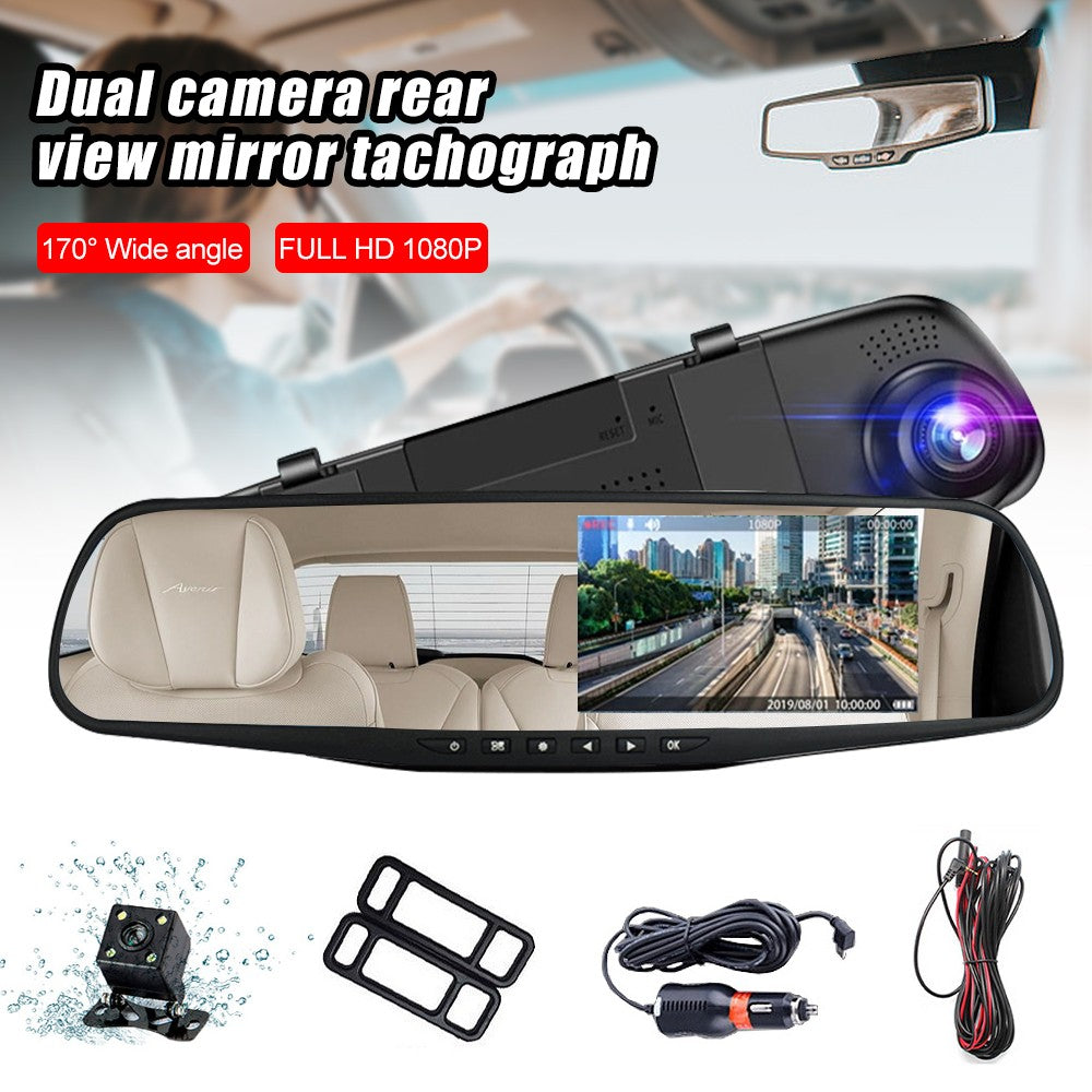 4.3" FHD 1080P Spiegel Dashcam mit Dual Lens & Rückfahrkamera – Auto DVR Recorder