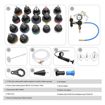 28-piece cooling system tester set – pressure tester with vacuum and leak detection function