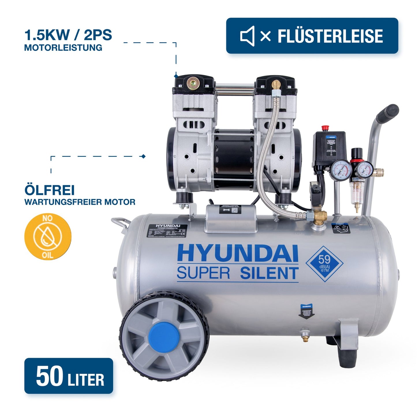 HYUNDAI Silent Kompressor SAC55753 – 50L, 59dB, kompakt & leistungsstark