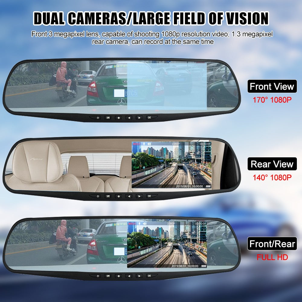 4.3" FHD 1080P Spiegel Dashcam mit Dual Lens & Rückfahrkamera – Auto DVR Recorder